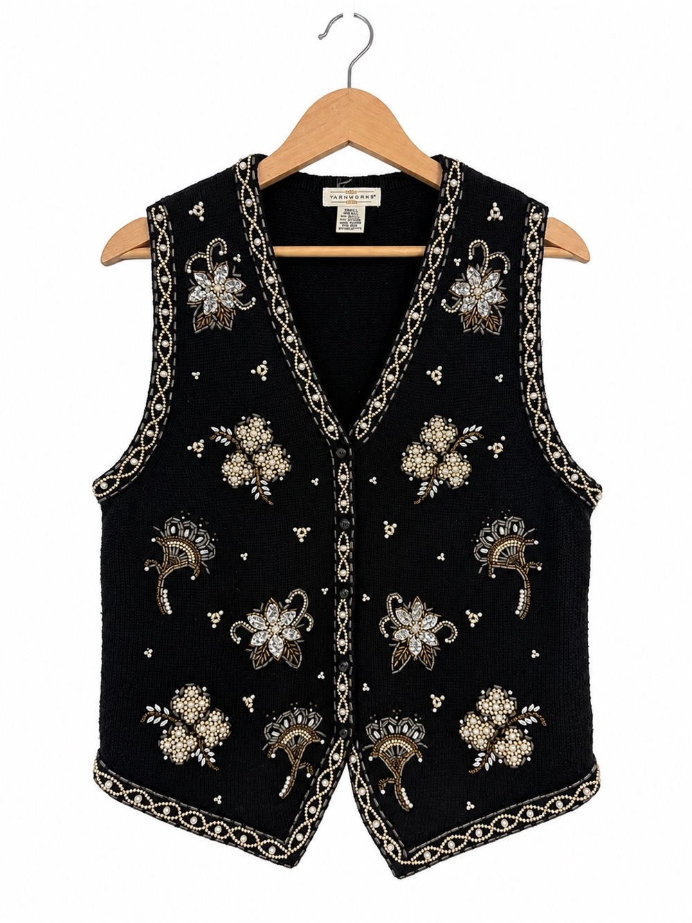 Vintage Yarnworks Black Beaded Pearl Cotton Sweater Vest Women’s Small 90s
